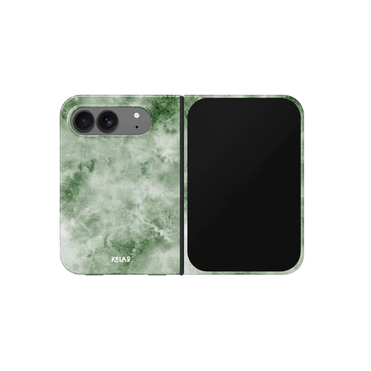 Green Tie, Dye, Earthy Boho iPhone 18 Fold Case, unfolded front view