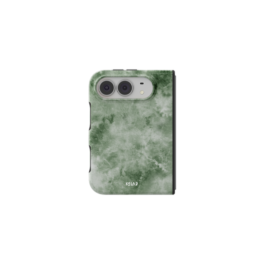 Green Tie, Dye, Earthy Boho iPhone 18 Fold Case, unfolded front view