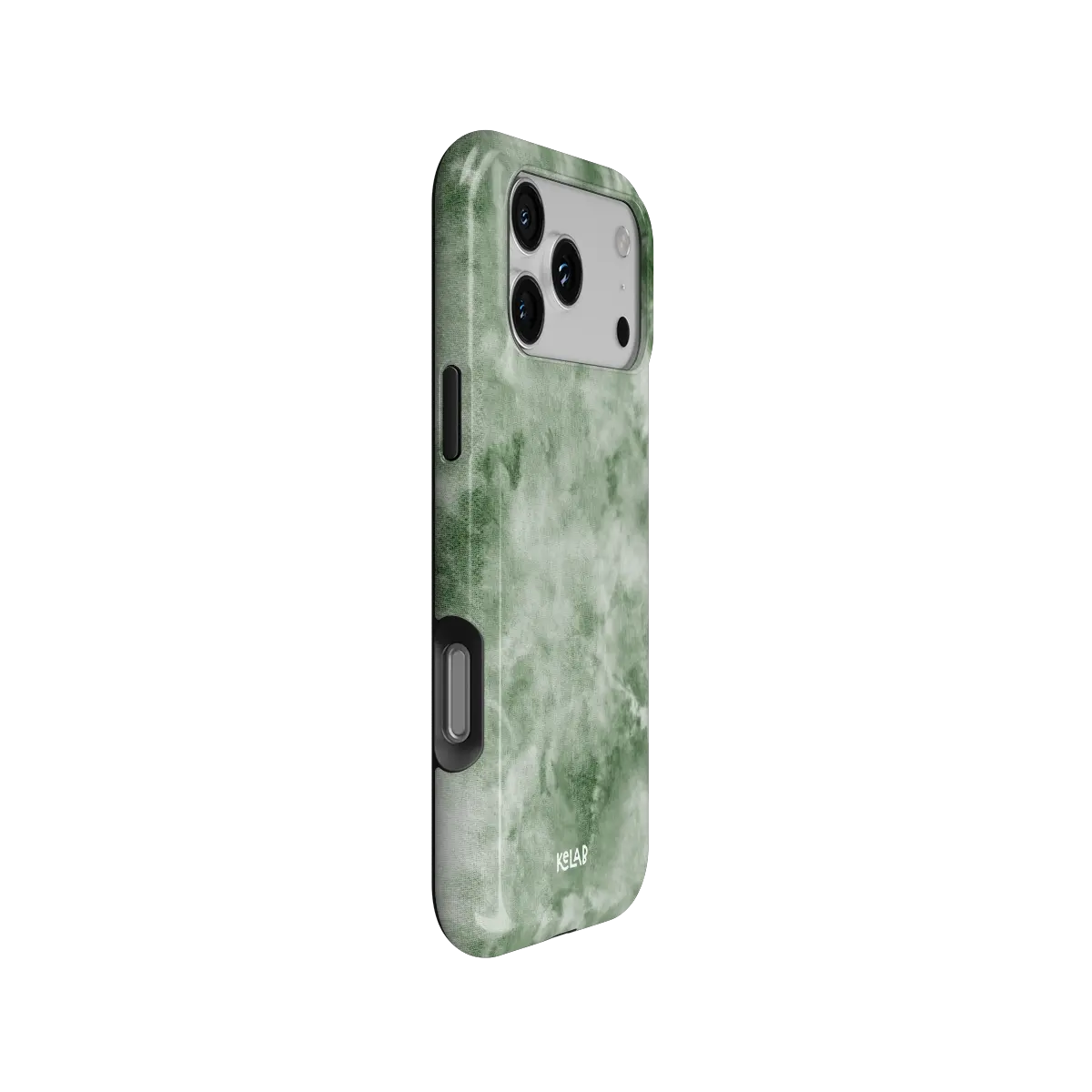 Eucalyptus Dream green tie-dye Tough iPhone case, side view showing the pattern wrapped around the shell.