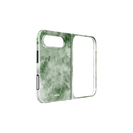 Green Tie, Dye, Earthy Boho iPhone 18 Fold Case, unfolded side view showing the hinge