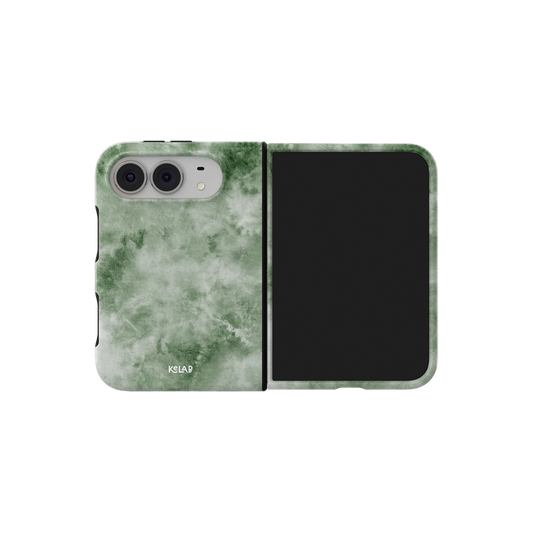 Green Tie, Dye, Earthy Boho iPhone 18 Fold Case, unfolded side view showing the hinge