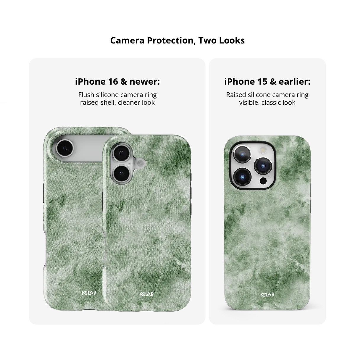 Eucalyptus Dream green tie-dye Tough iPhone case size comparison across iPhone 15 to 18 models.