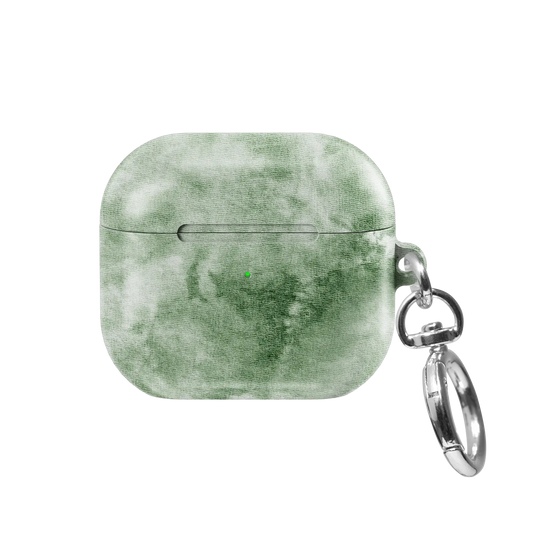 Eucalyptus Dream AirPods case — front view showing tonal sage green tie-dye pattern with keychain clasp