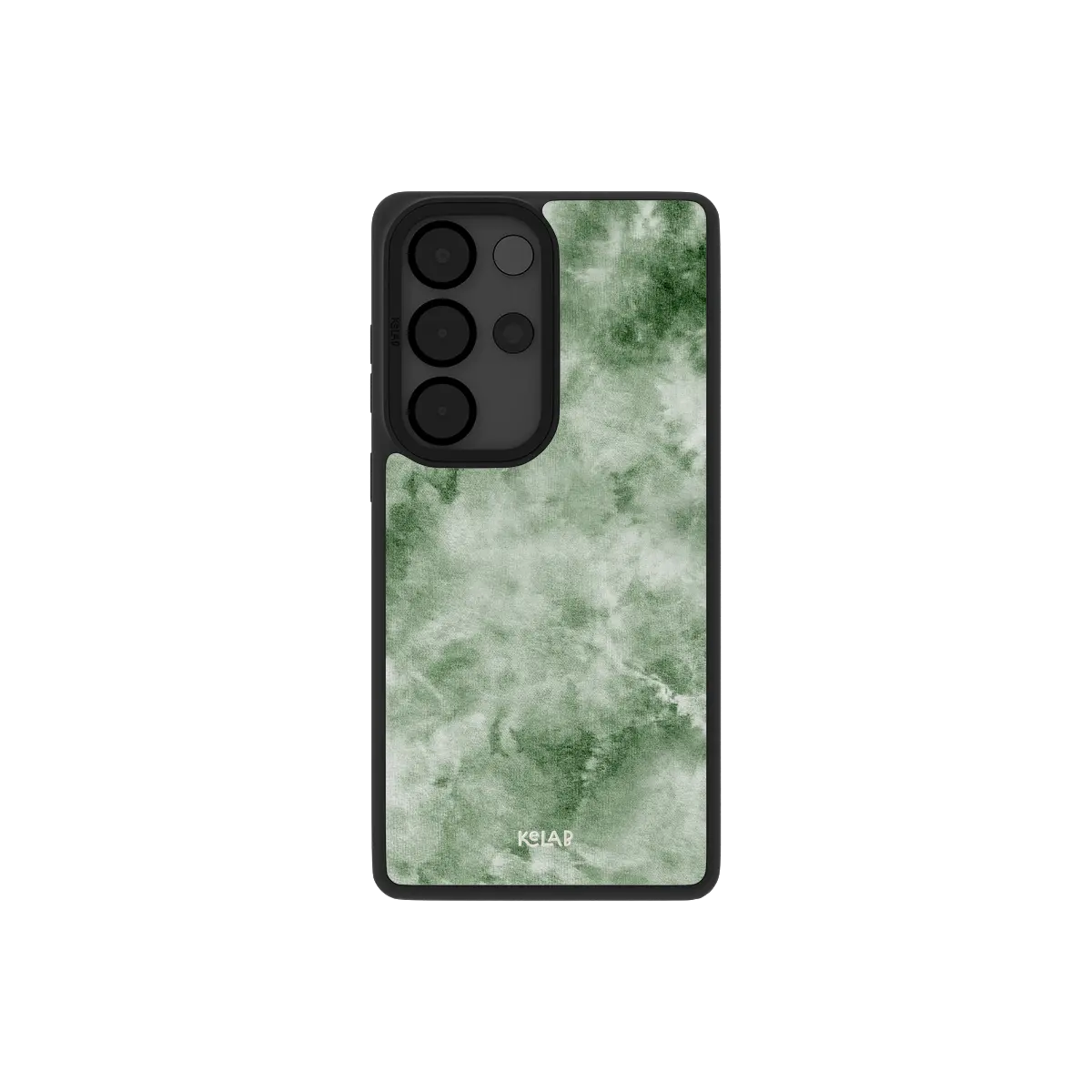 Green tie dye Samsung Galaxy case, back view with a sage watercolor swirl around the camera cutout