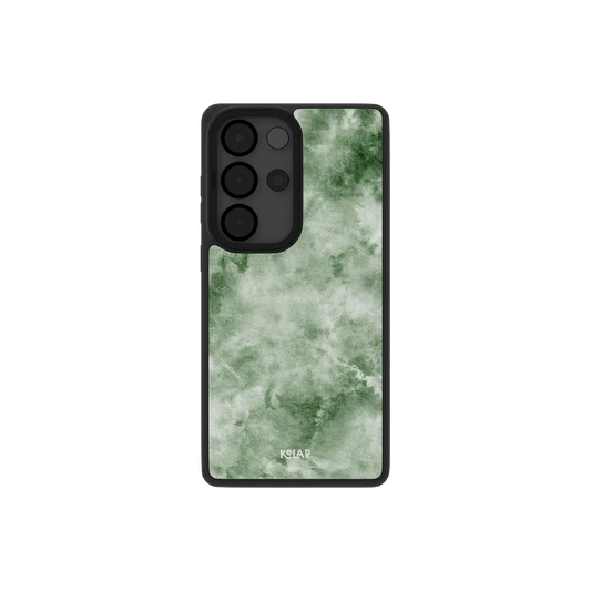 Green tie dye Samsung Galaxy case, back view with a sage watercolor swirl around the camera cutout