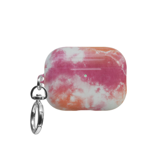 Pink-Orange Tie-Dye airpods pro case front view with closed lid and keychain