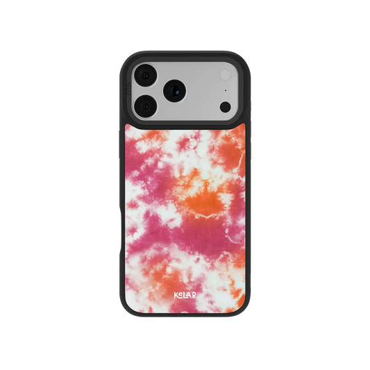Pink and orange tie-dye textile KELAB iPhone Case with black border and lens openings