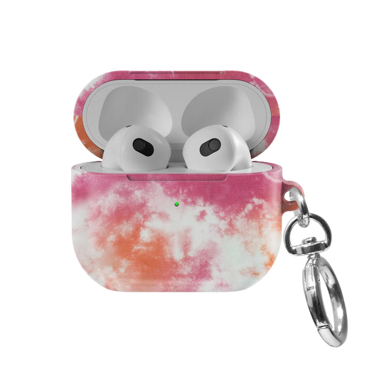 Citrus Blush AirPods case — front view with lid open, showing pink-orange tie-dye swirl and AirPods nested inside