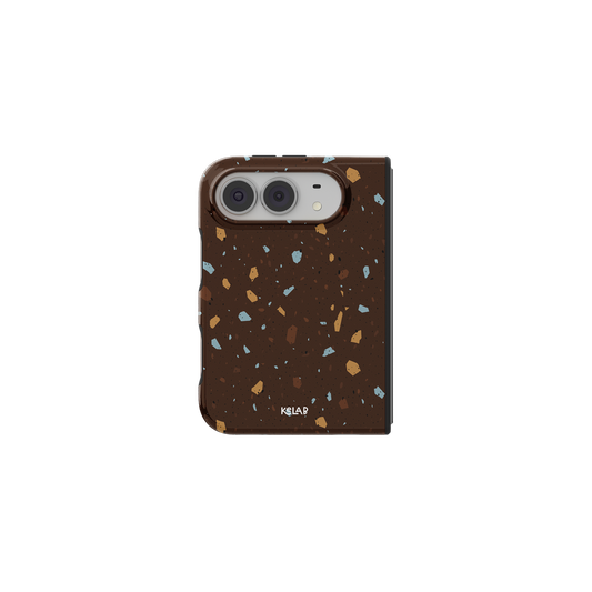 Brown Terrazzo, Earthy Neutral Stone iPhone 18 Fold Case, unfolded front view