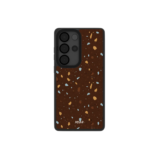 Brown terrazzo Samsung Galaxy case, back view with ochre and tan stone chips on deep brown around the camera cutout