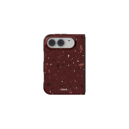 Burgundy Terrazzo, Wine Red Minimal iPhone 18 Fold Case, unfolded front view
