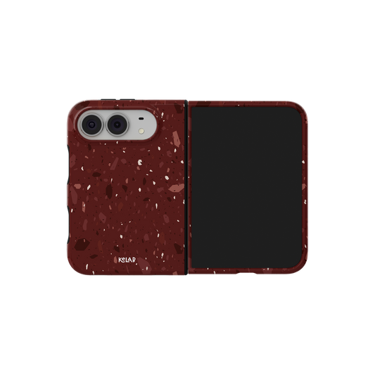 Burgundy Terrazzo, Wine Red Minimal iPhone 18 Fold Case, unfolded side view showing the hinge