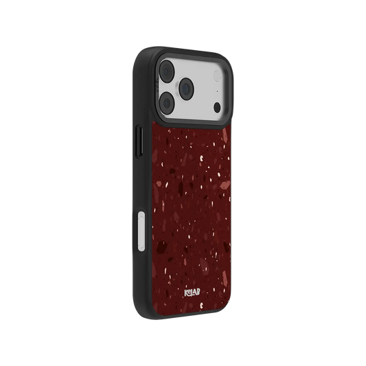 Moody terrazzo KELAB iPhone Case burgundy speckled back with openings for camera lenses