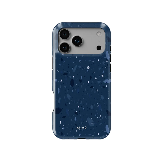 Cosmos Speckle midnight blue terrazzo Tough iPhone case, front view showing the pattern.