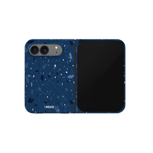 Navy Blue Terrazzo, Speckled Stone iPhone 18 Fold Case, unfolded front view