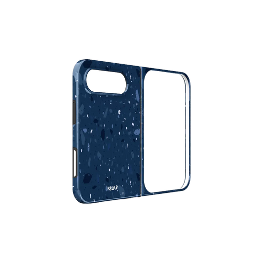 Navy Blue Terrazzo, Speckled Stone iPhone 18 Fold Case, unfolded side view showing the hinge