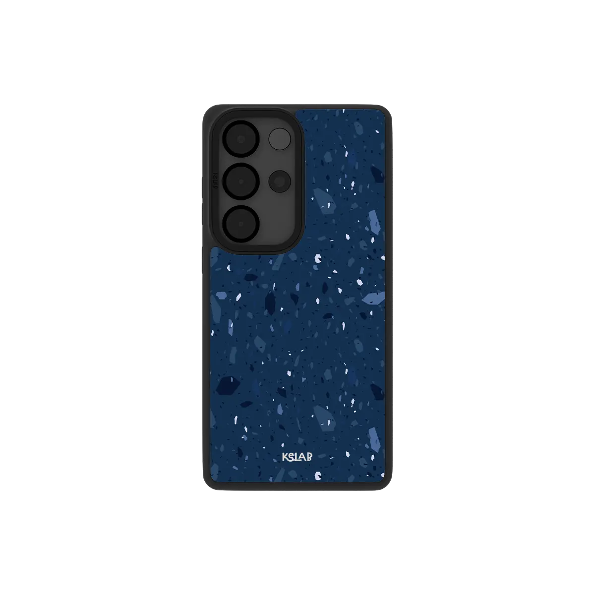 Navy terrazzo Samsung Galaxy case, back view with periwinkle stone chips on midnight blue around the camera cutout