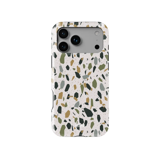 Pistachio Cream white terrazzo Tough iPhone case, front view showing the pattern.
