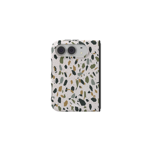 White Terrazzo, Neutral Speckled Stone iPhone 18 Fold Case, unfolded front view