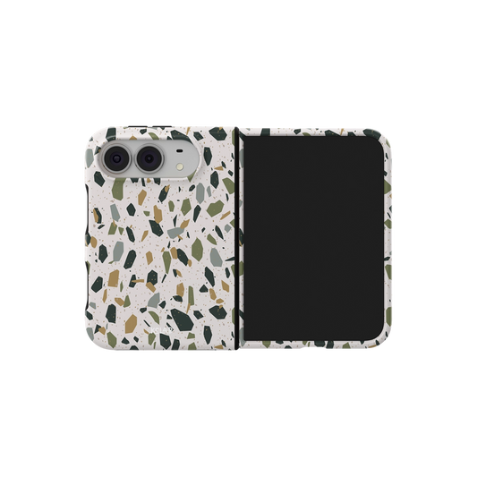 White Terrazzo, Neutral Speckled Stone iPhone 18 Fold Case, unfolded side view showing the hinge