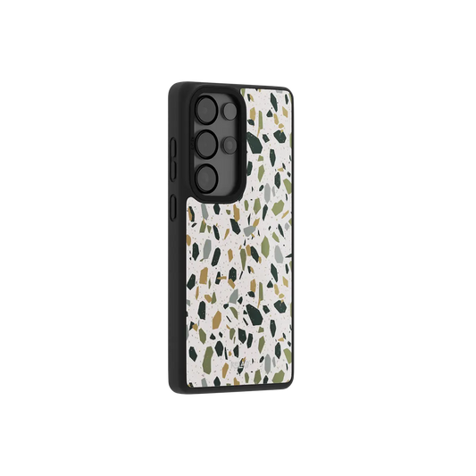 White terrazzo Samsung Galaxy case at a side angle showing the wrapped button covers