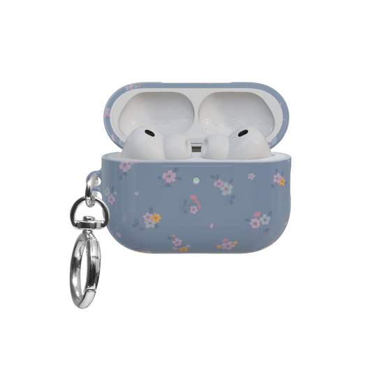 Pastel Blue Floral Cottagecore airpods pro case front view with open lid and keychain