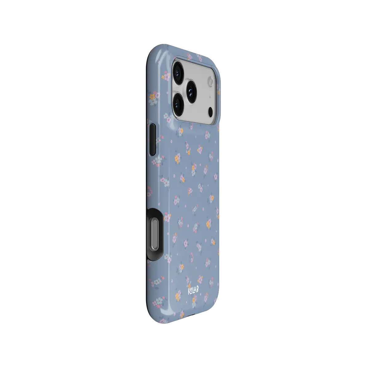 Tiny Meadow pastel blue floral Tough iPhone case, side view showing the pattern wrapped around the shell.