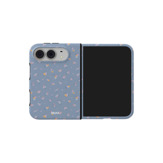 Blue Floral, Cottagecore iPhone 18 Fold Case, unfolded side view showing the hinge