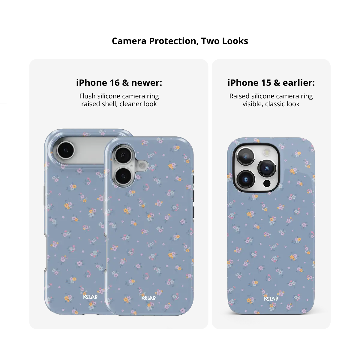 Tiny Meadow pastel blue floral Tough iPhone case size comparison across iPhone 15 to 18 models.