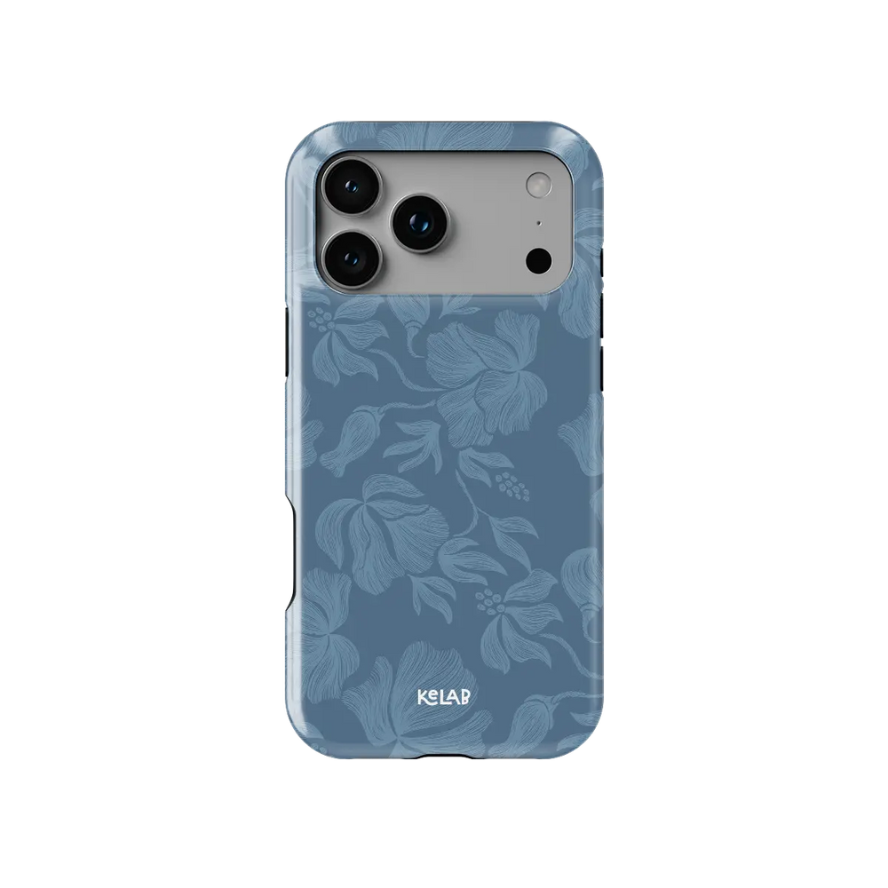 Dusty blue floral Tough iPhone case, rear view with full camera cutout (Cerulean).