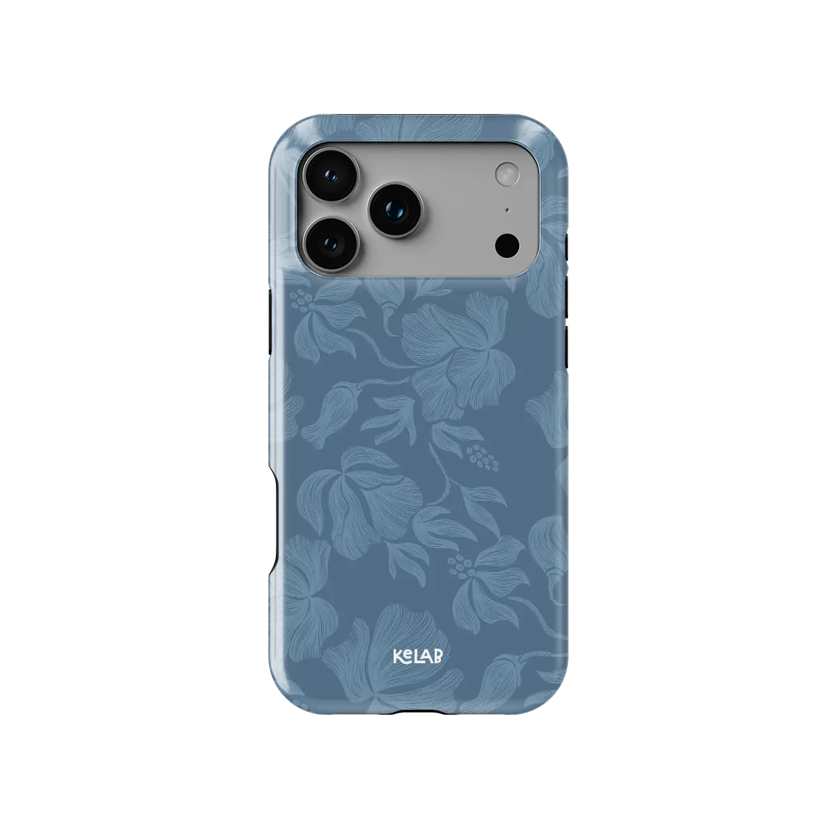 Dusty blue floral Tough iPhone case, rear view with full camera cutout (Cerulean).