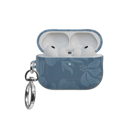 Dusty Blue Floral airpods pro case front view with open lid and keychain