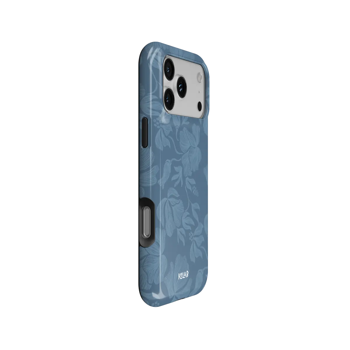 Dusty blue floral Tough iPhone case, side view with pattern wrapped around buttons.