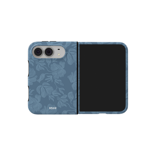 Dusty Blue Floral, Vintage Botanical iPhone 18 Fold Case, unfolded side view showing the hinge