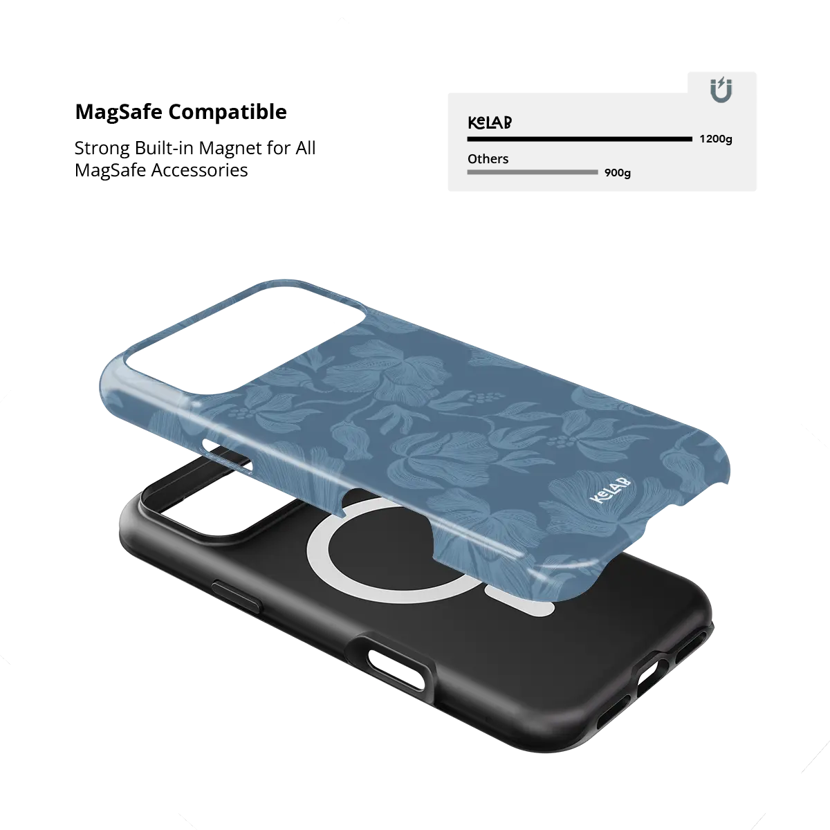 Dusty blue floral Tough iPhone case, built-in strong MagSafe magnets.