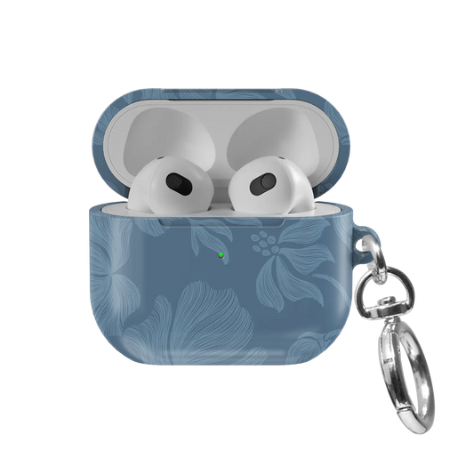 Cerulean AirPods case — front view with lid open, showing dusty blue botanical sketch pattern and AirPods nested inside