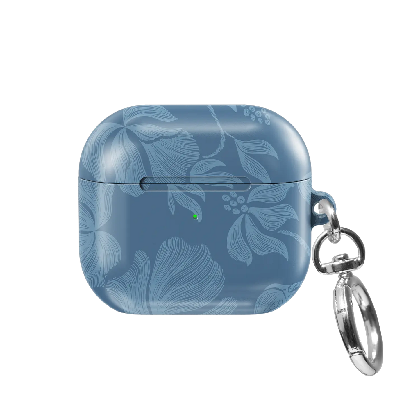 Cerulean AirPods case — front view showing hand-drawn steel-blue floral sketch with keychain clasp