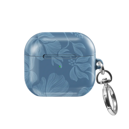 Cerulean AirPods case — front view showing hand-drawn steel-blue floral sketch with keychain clasp