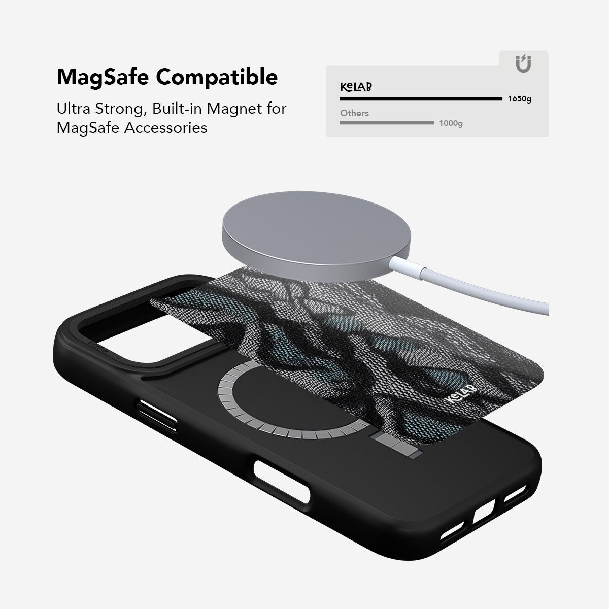 Stylish iPhone case in black with a snakeskin texture and a sleek minimalist design, perfect for modern devices.
