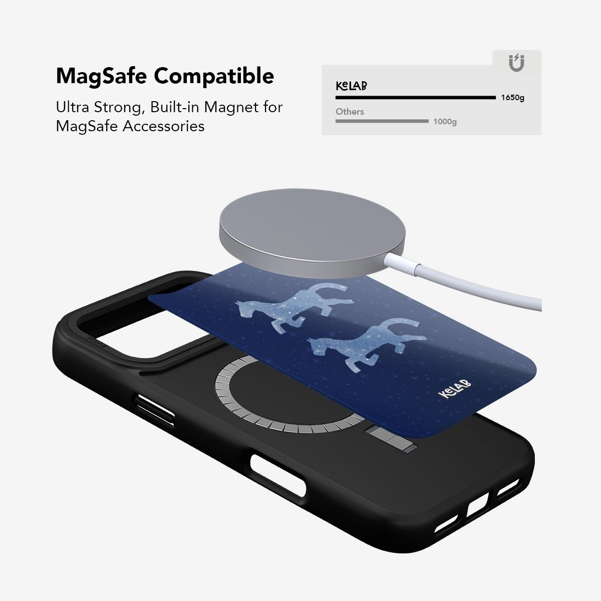 Pegasus Night | Blue Horse Phone Case with MagSafe compatibility, featuring a celestial horse design and strong built-in magnet for accessories.