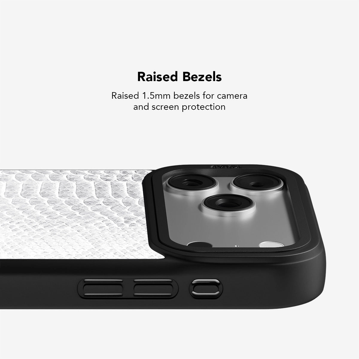 Black phone case with raised 1.5mm bezels for camera and screen protection, featuring a snakeskin design.