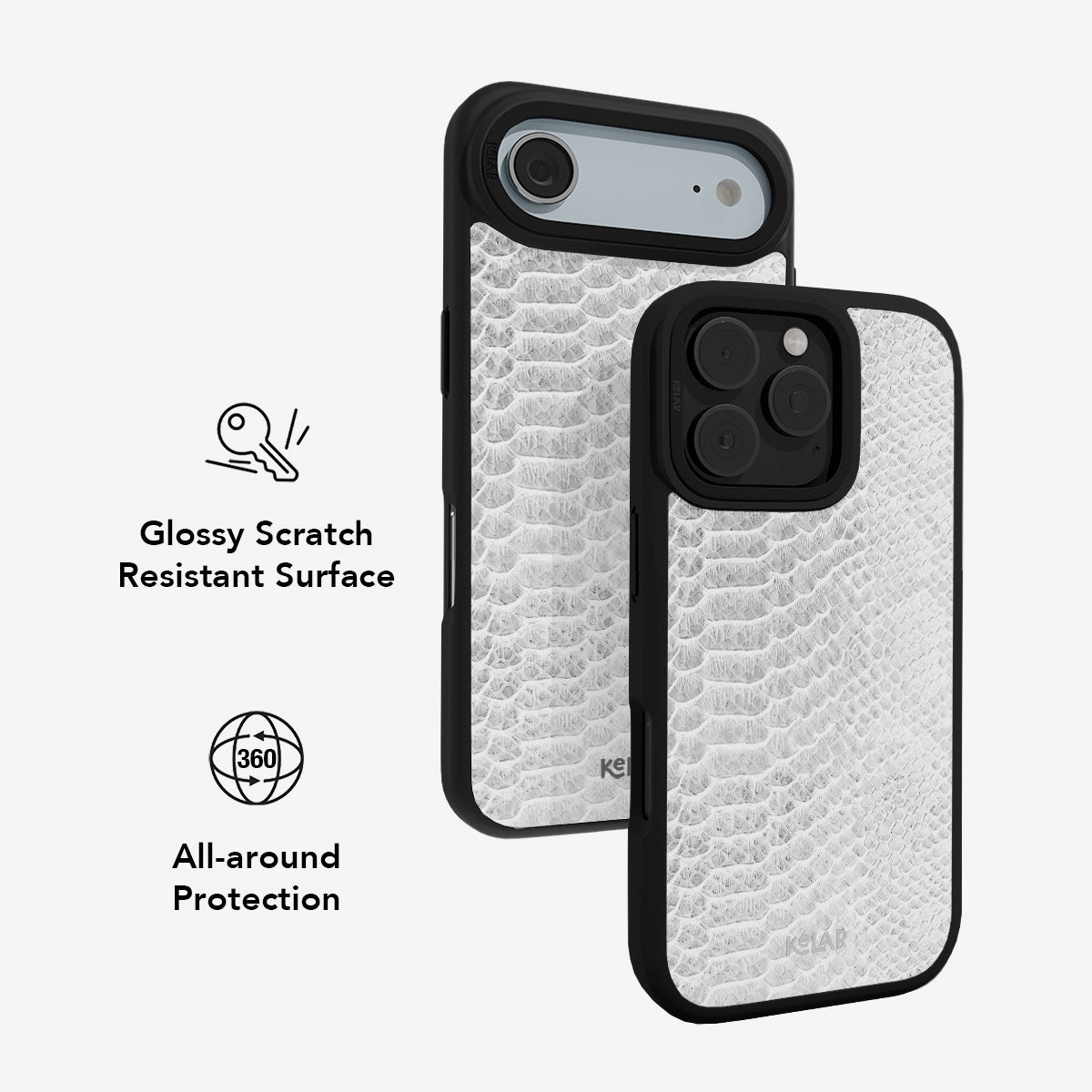 White snake print iPhone case with black edges, glossy scratch-resistant surface, and 360-degree protection.