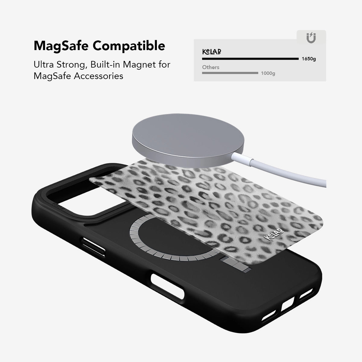 MagSafe compatible Silver Leopard Print iPhone Case with built-in magnet for secure accessory attachment and enhanced functionality.