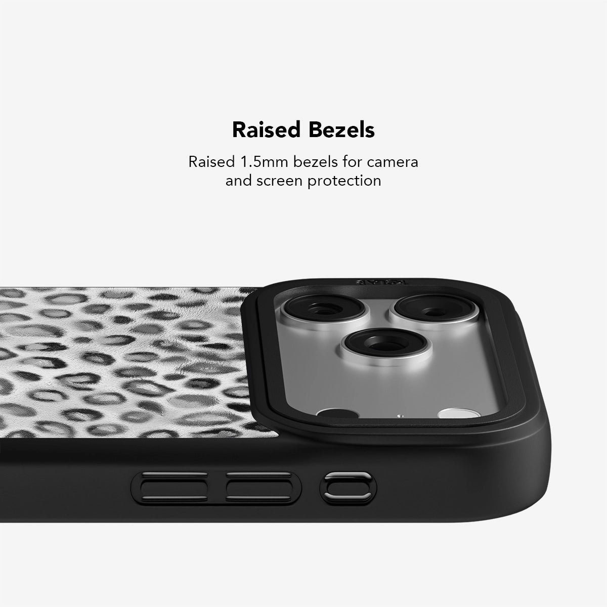 Close-up of Silver Leopard Print iPhone Case with 1.5mm raised bezels for added camera and screen protection.