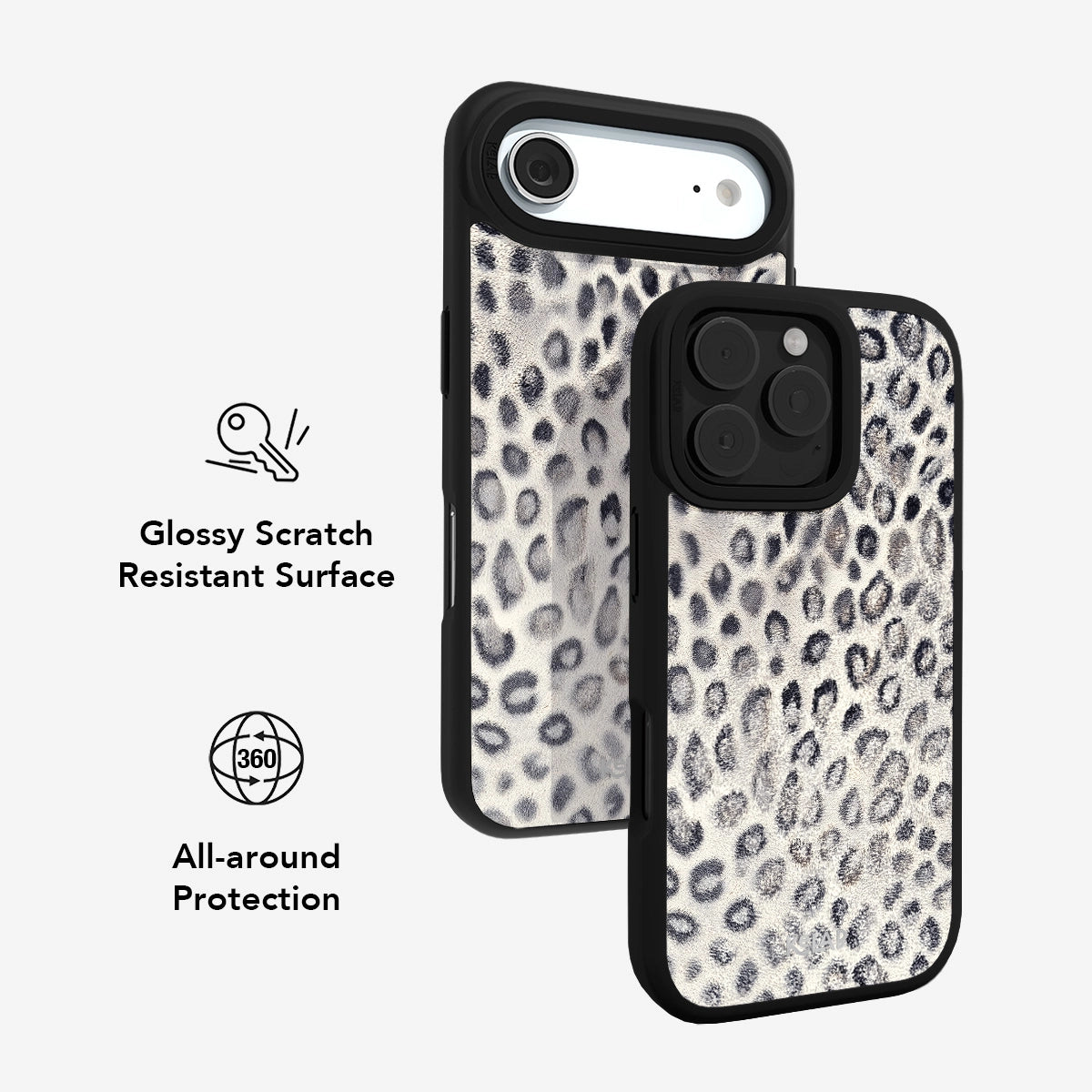 Glossy scratch-resistant Silver Leopard Print iPhone Case offering 360-degree protection with stylish animal pattern design.