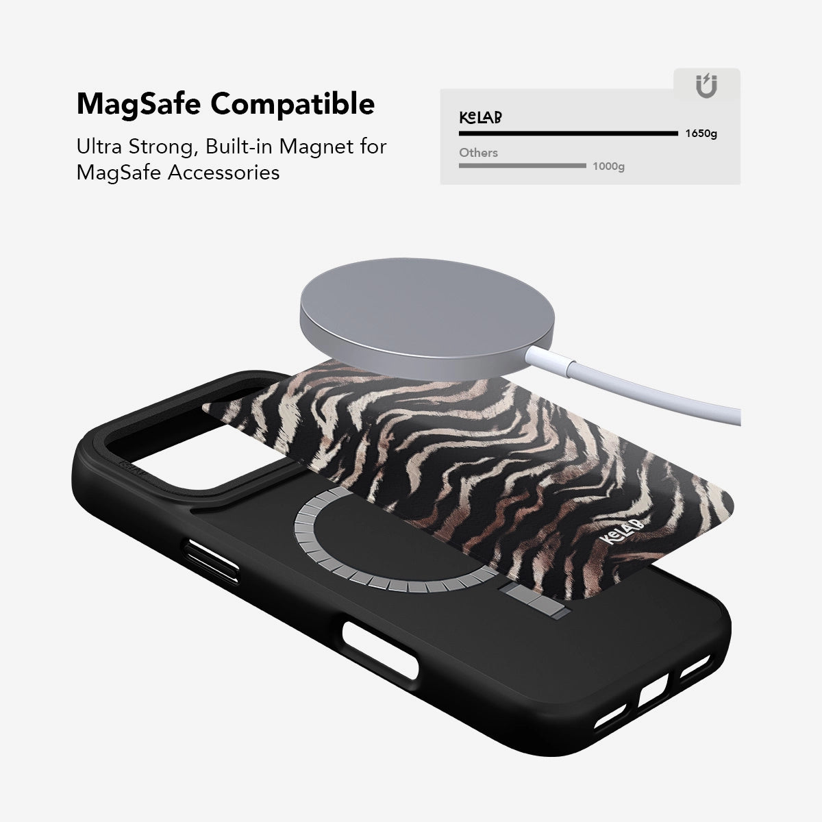 MagSafe compatible Zebra Stripe iPhone Case with built-in strong magnet, ensuring secure attachment to MagSafe accessories.