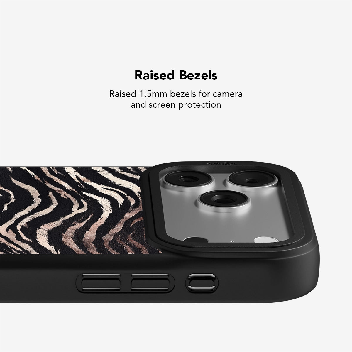 Zebra Stripe iPhone Case with 1.5mm raised bezels for enhanced camera and screen protection in a stylish metallic pattern.
