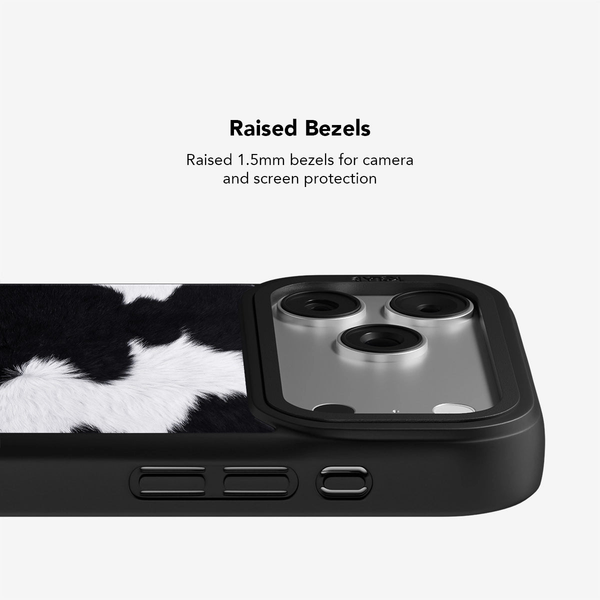 Stylish black and white cow print phone case with raised 1.5mm bezels for camera and screen protection.