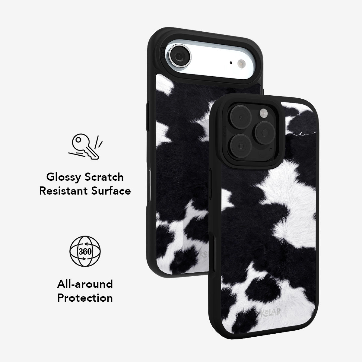 Black and white cow print phone case, glossy, scratch-resistant, offering all-around protection.