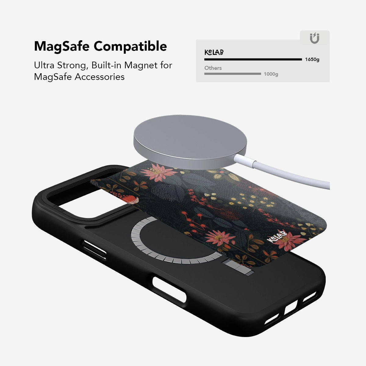 Starlit Botanica Dark Academia floral phone case by KELAB with MagSafe compatibility and built-in magnet, shown with wireless charger alignment.